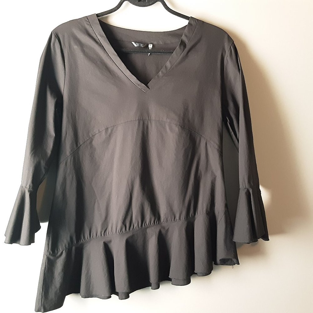 Kaktus Black Cotton Asymmetrical Ruffle V-neck Peplum Blouse